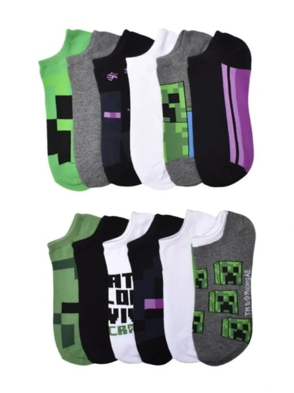 Boys No-Show Minecraf Socks - Green, Black, White, Gray (12-Pack)